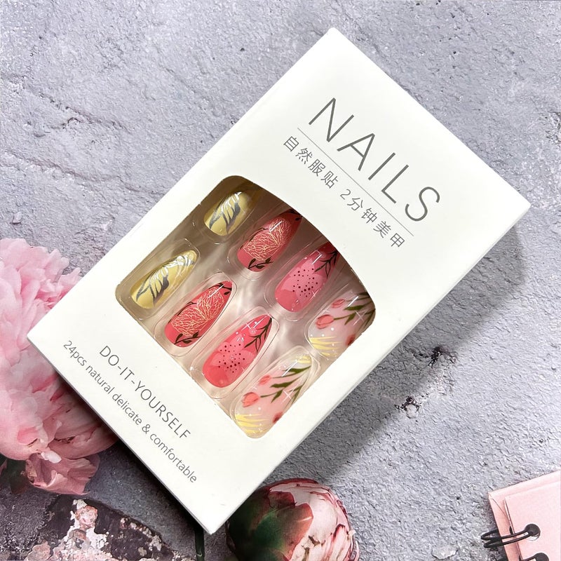 CJDLTS Colorful Flower Press on Nails Medium Almond Artificial Acrylic Nail 3D Blush Floral with Bubble Design Stick on Nails Full Cover Reusable Coffin Glue on Nail Artificial Fingernails for Women - Image 5